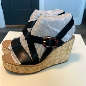 NEW Louise et Cie Black and Tan Wedge Sandals with Cork Platform